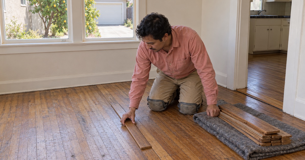 Worker matching a salvaged hardwood strip against the original floor of a 1940s Compton house.