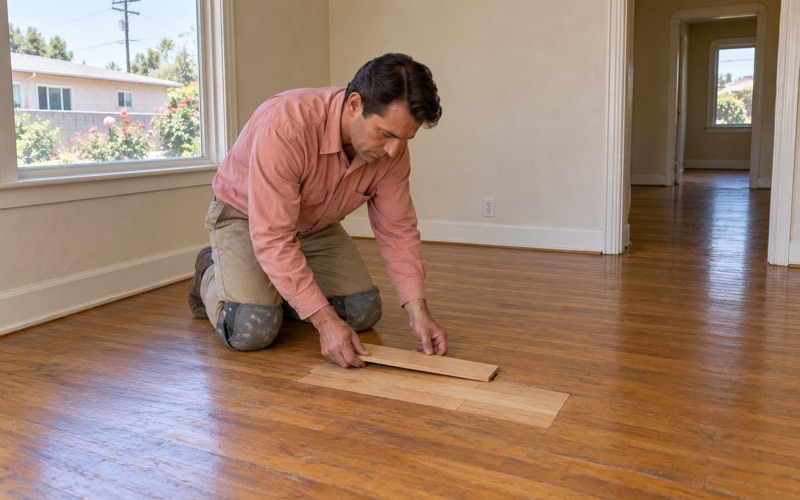 Worker tapping a new strip into a staggered repair where pet-stained boards were cut out of a Compton floor.