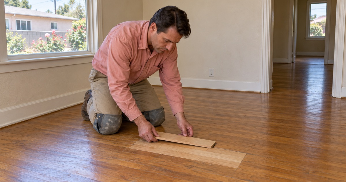 Worker tapping a new strip into a staggered repair where pet-stained boards were cut out of a Compton floor.