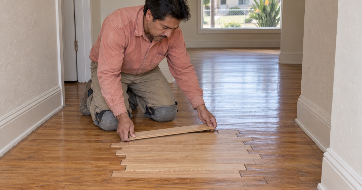 Worker weaving new strips across a closed-up floor furnace opening in the hardwood floor of a 1940s Compton house.
