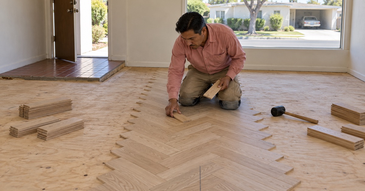 Worker setting a white oak herringbone block along its centerline in a Compton living room.