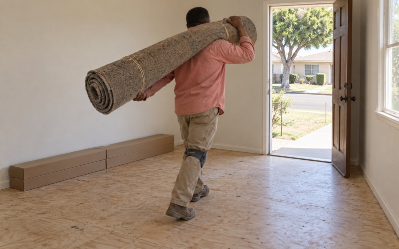Worker carrying rolled-up old carpet out of a Compton house as new hickory flooring waits inside.