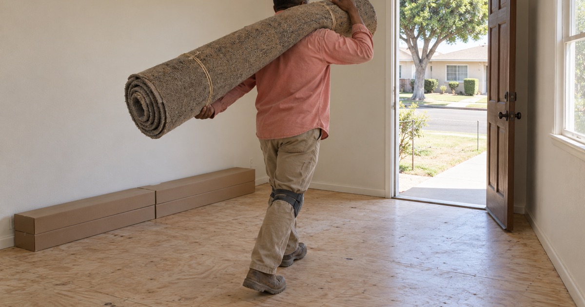 Worker carrying rolled-up old carpet out of a Compton house as new hickory flooring waits inside.