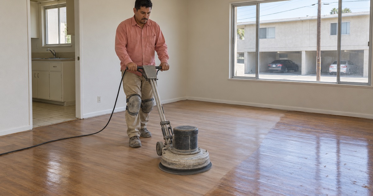 Worker screening a sound hardwood floor with a buffer in an empty Compton rental unit between tenants.