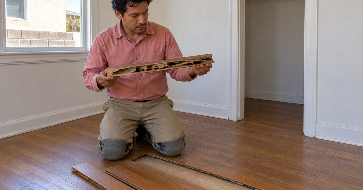 Worker holding up a termite-hollowed hardwood strip lifted from the floor of a Compton house.