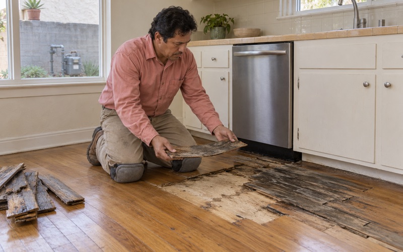 Worker lifting a cupped, water-darkened hardwood strip in front of a dishwasher in a Compton kitchen.