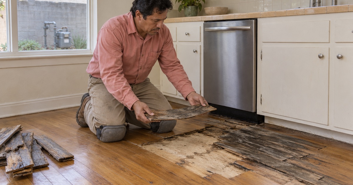 Worker lifting a cupped, water-darkened hardwood strip in front of a dishwasher in a Compton kitchen.