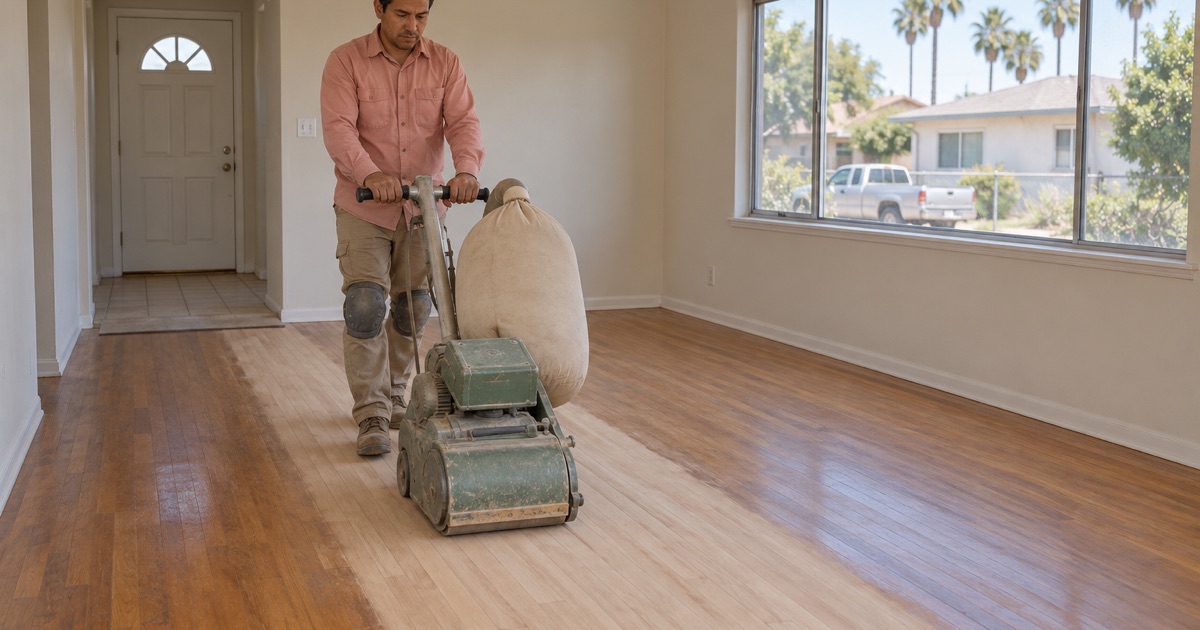 Worker guiding a drum sander along the hardwood strip floor of a 1950s Compton living room.