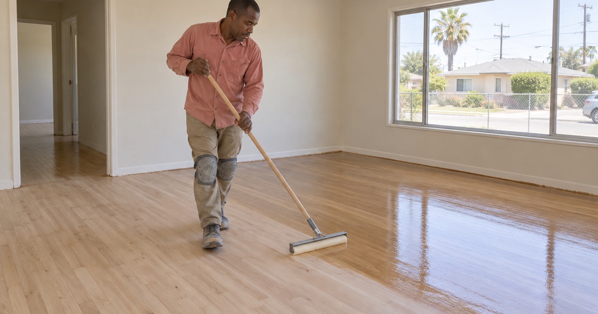 Worker walking backward while spreading clear finish across sanded hardwood strip flooring in a 1950s Compton house.